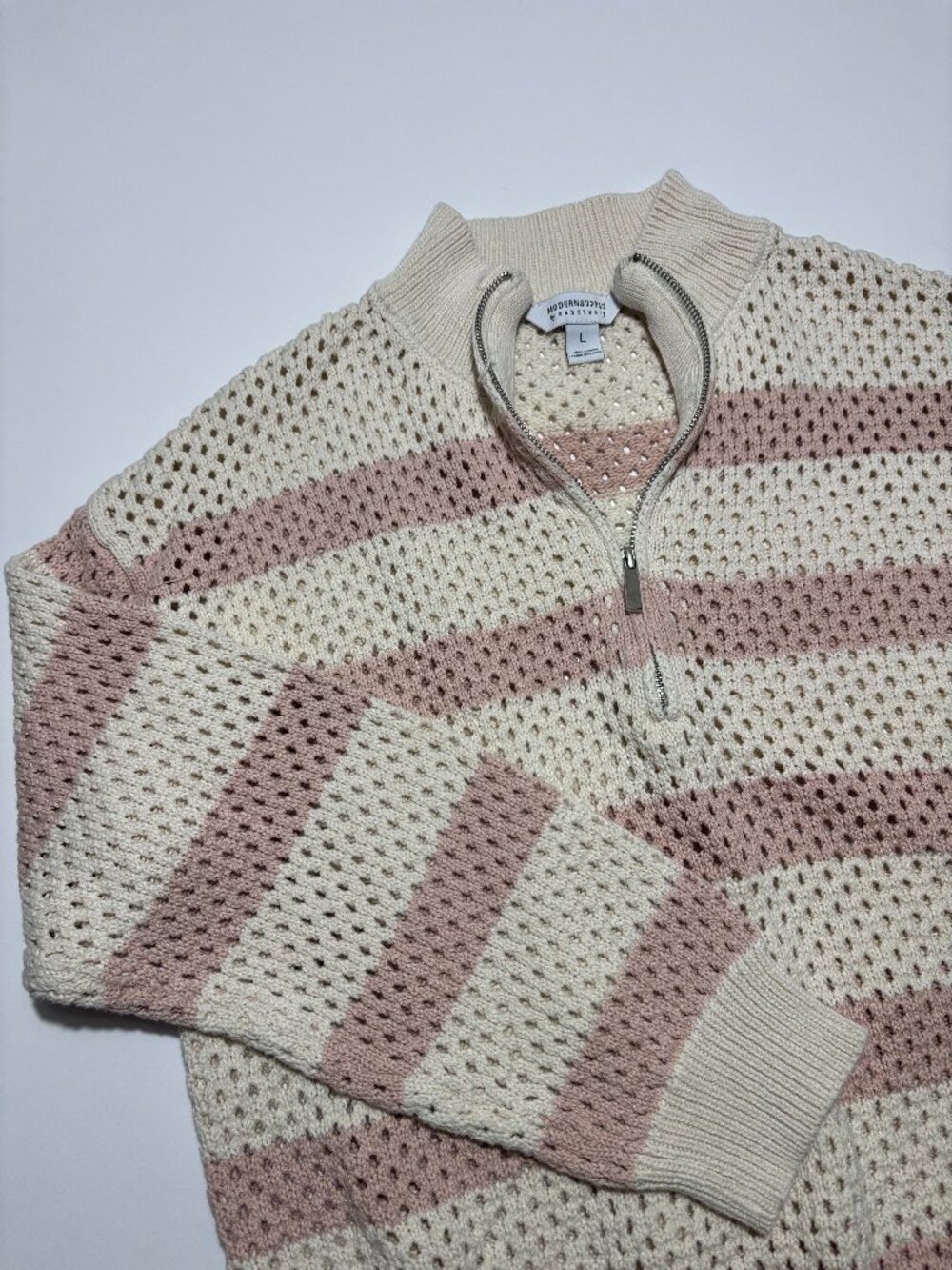 Sanctuary Pastel Pink & Cream Striped Cotton Crochet Knit Pullover Sweater